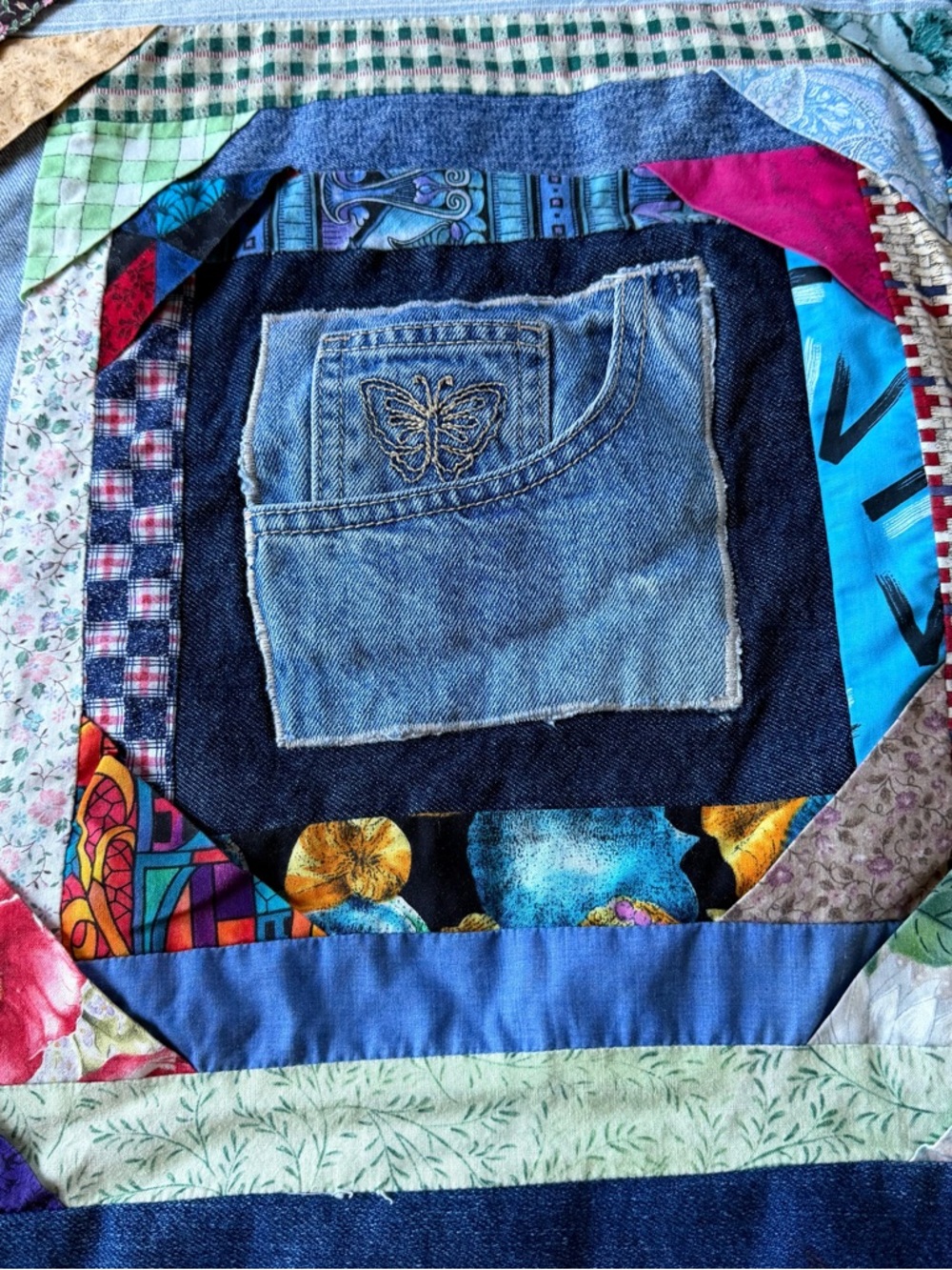 Denim  Quilt Boho Patchwork 60x80 Folk Art Dorm Decor - Picture 14 of 15